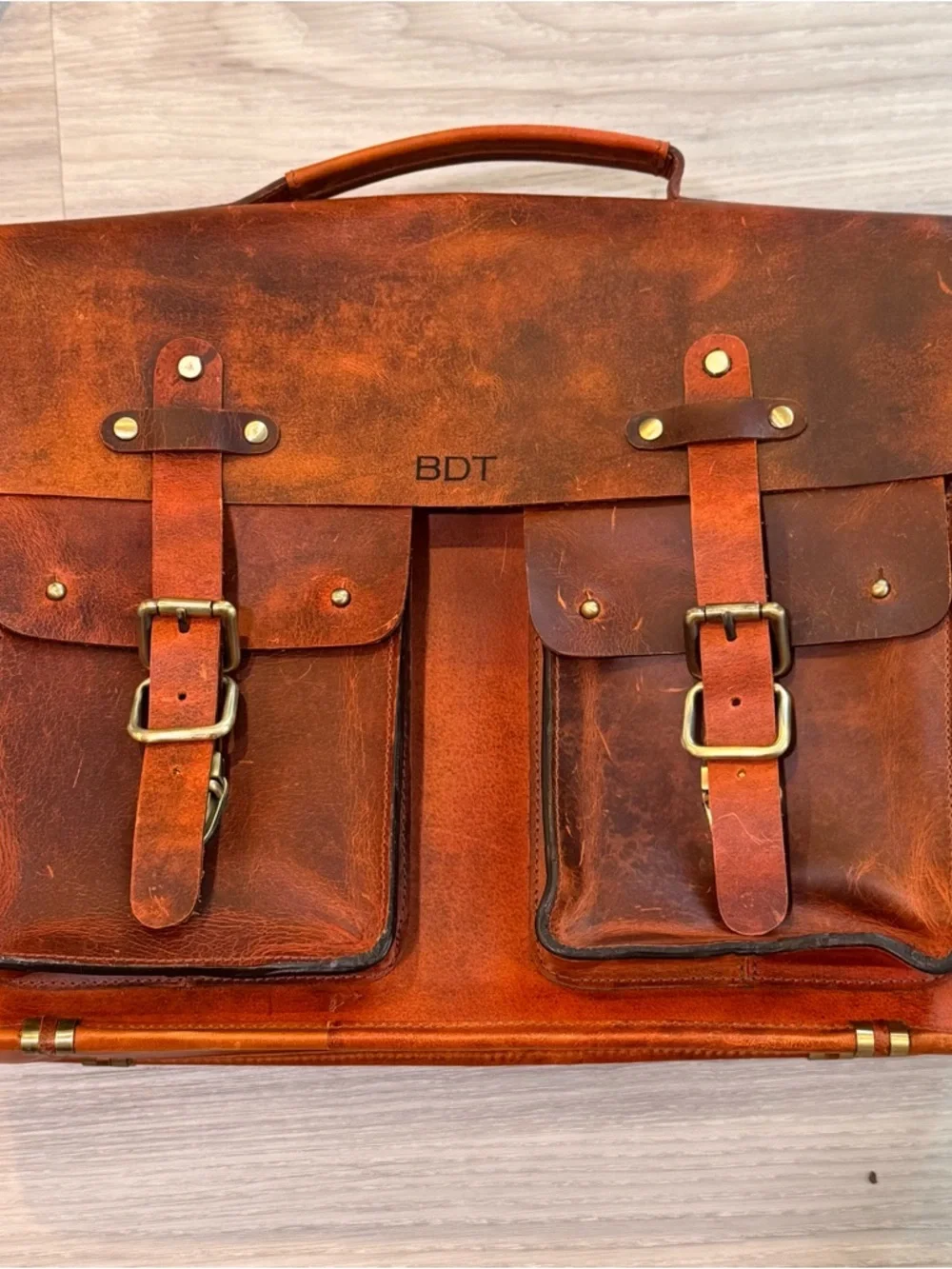 Kalating London Plane Leather Briefcase Burnt Orange Satchel Bag with pockets